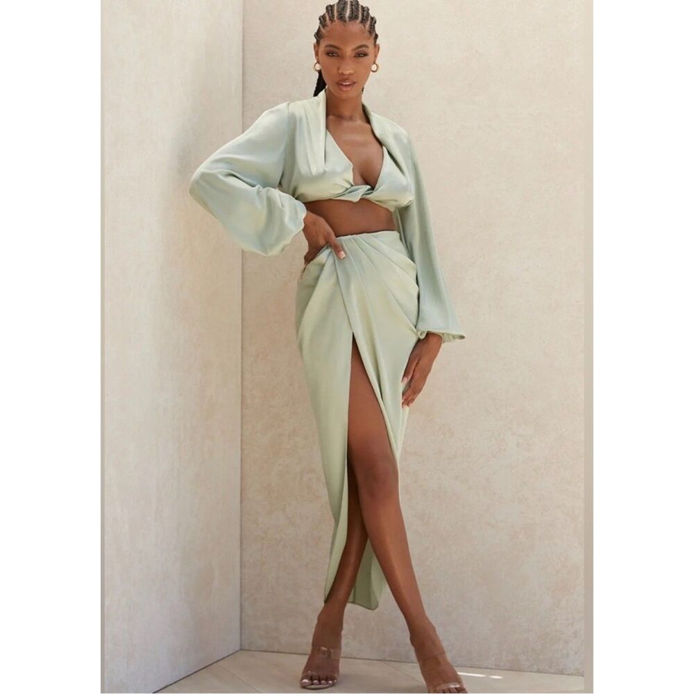 PrettyLittleThing Sage Green Satin Blouse Maxi Skirt Set 6/8 NWT
